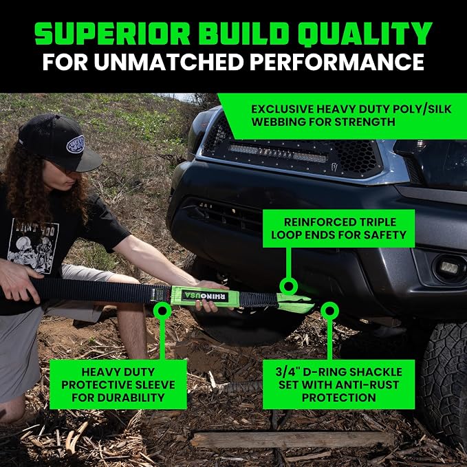 Rhino USA Heavy-Duty Recovery Gear Combos Off-Road Truck Vehicle Recovery, Best Offroad Towing Accessories - Backed for Life (20' Strap + Shackles)