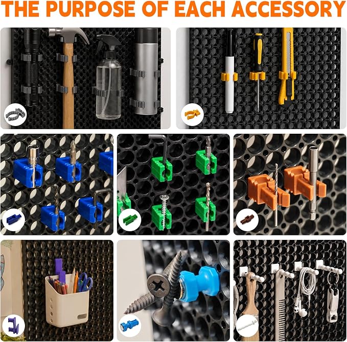 Plastic Pegboard Wall Organizer Kit, 6 Black Panels 36" x 16", 200 Accessories with Hooks, Clips & Holders, Modular Tool Storage Board for Garage, Workbench, Craft Room, Home Repair