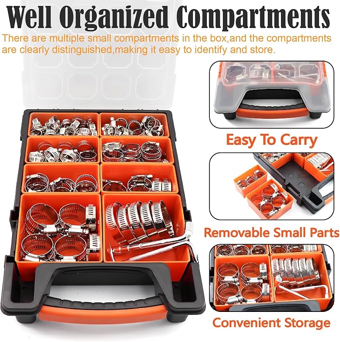175Pcs Hose Clamps 304 Stainless Steel Assortment Kit,Adjustable 1/4"-2"(6-51mm) Worm Gear Hose Clamp For Fuel Line,Pipeline,Automotive,Radiator Plumbing,Industry,Garden