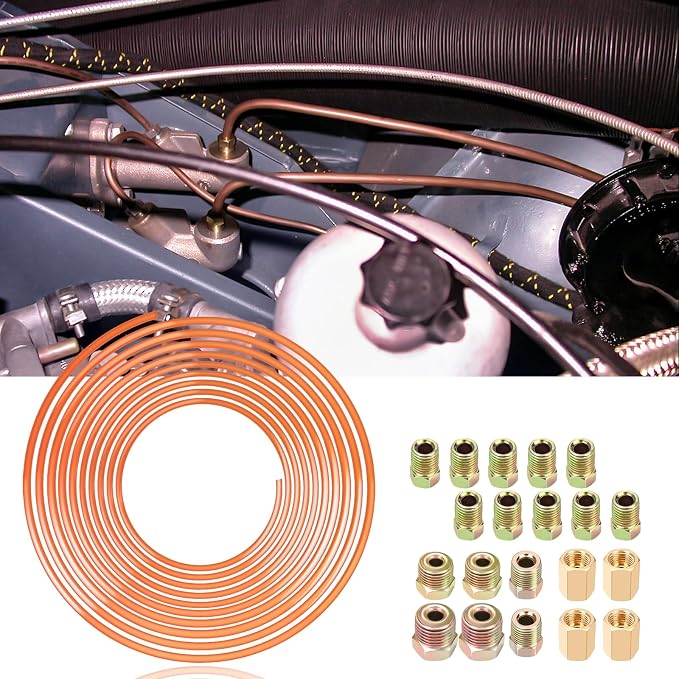 3/16" Brake Line - Easy to Bend Tubing - 25 ft 3/16 Copper Coated Brake Line + 16 x Brake Line Fittings and 4 x Threads Unions