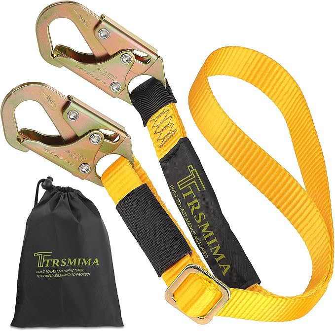 TRSMIMA Fall protection Safety Lanyard - 4ft to 6ft Adust Fall protection Webbing Belt Roof Strap Double Rebar Hook