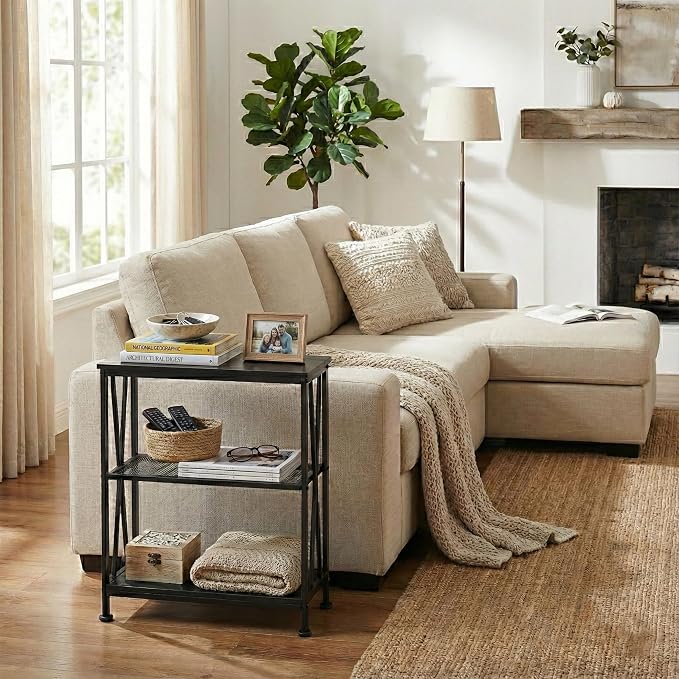 Narrow Side Table,3-Tier End Table With Storage Shelves,Small Hallway Table, Industrial Accent Table With Metal Frame Slim Nightstand Sofa Side Table for Small Spaces,Living Room, Bedroom,Black