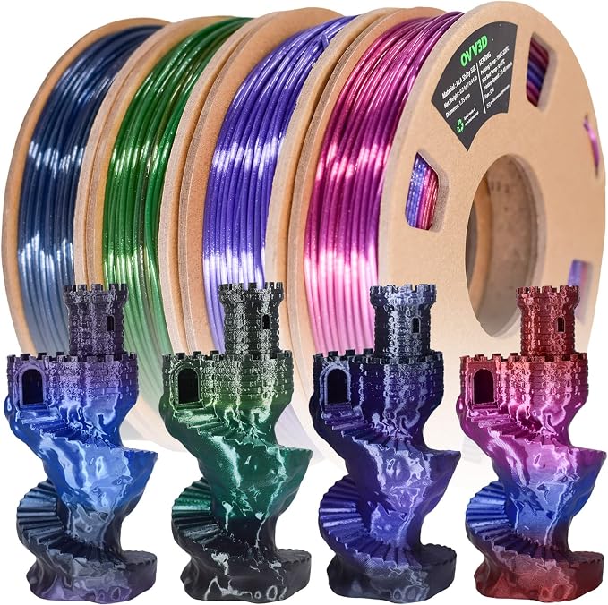 OVV3D Rainbow PLA Filament Bundle 3D Printer Filament, Silk PLA Filament 1.75mm, Silk Black Purple Green Blue and Red Purple Blue 3D Printing Filament, 200g X 4 Spools