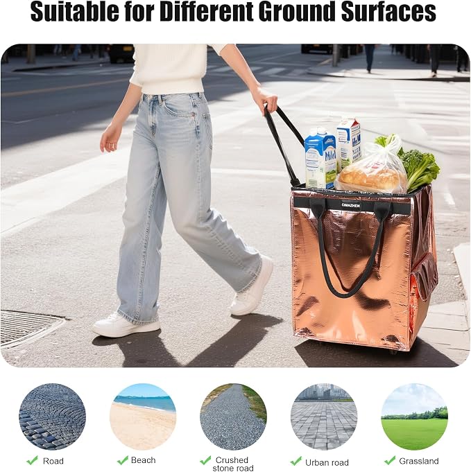 (Small,Rose Gold) Reusable Grocery Bag on 4 Wheels, 60L Foldable Rolling Tote Bag with 3 Handles and Zipper, Rolling Shopping Cart for Groceries, Storage, Laundry, Travel, Organizer, 66lb