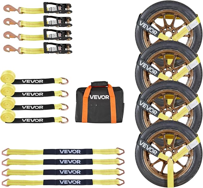 VEVOR Wheel Chock Tie-Down Kit, Tire-Style Trailer Tie Down Strap, Car Tie Down Kit with Spring Hook, Break Strength 10009 lbs & Working Load 3333 lbs Motorcycle System for ATV, SUV, Trailer