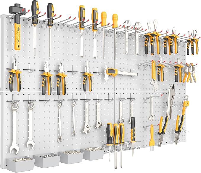 TORACK Garage Tools Organizer Boards Kit with Hooks, Modular Wall-Mounted Tool Storage Pegboard for Workbench(Gray, 4 Panels with Hooks)