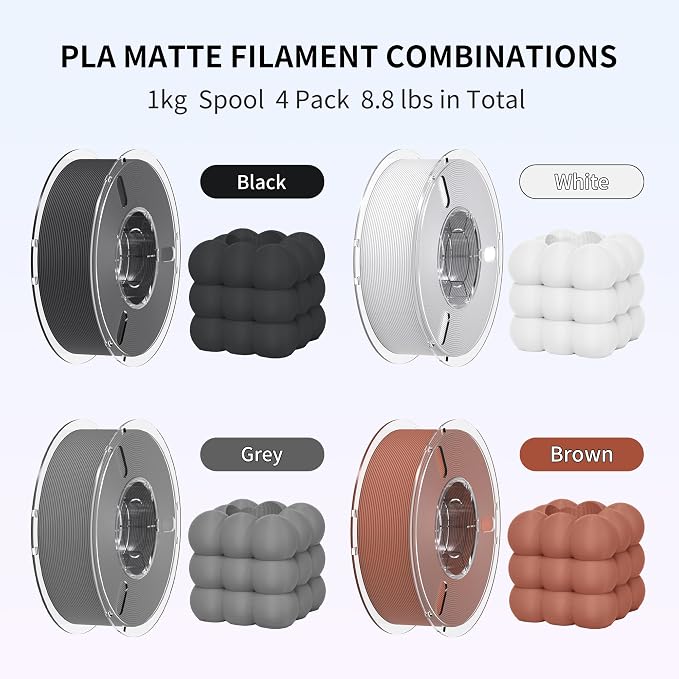 RAMBERY Matte PLA 3D Printer Filament Bundle 4KG, Matte Smooth Finish PLA Filament 1.75mm, Individually Vacuum Packed, 1kg(2.2lb) X4PCS, Black/White/Cement Gray/Cocoa Brown