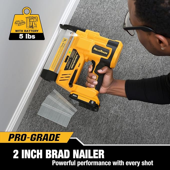 ReliaRoads 2" Cordless Brad Nailer, Patented 18GA 2-in-1 Staple Nail Gun Battery Powered Compatible with DeWalt 20V MAX Battery, Electric Nail Gun with Nails Puller, 1600 Nails (Battery Not Included)