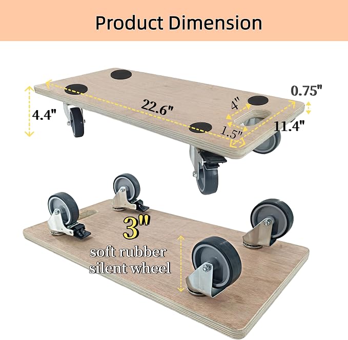 Furniture Dolly 4 Wheels, Furniture Movers, 2 Packs 2200 lb Load Capacity Heavy Duty Real Wood Dolly, Multifunctional Moving cart with 4 Soft Rubber Silent Wheels （2 with Brake+ 2 Without）