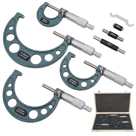 Professional Metric Outside Micrometer Set 0-100mm, 4-Piece with 0.01mm Precision & Wooden Case, High-Quality Carbide Machinist Tool for Precision Measurement
