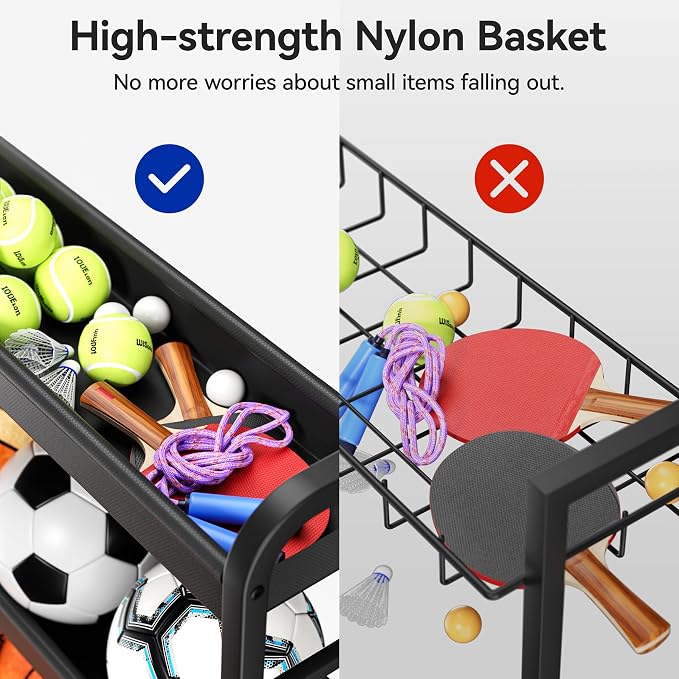 Sports Equipment Organizer, Large Capacity Garage Ball Storage Rack with Wheels, Heavy-Duty Rolling Ball Cart for Basketball, Soccer & Sports Gear