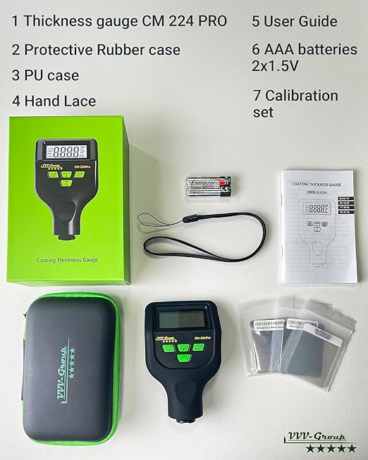 Paint Thickness Gauge – CM-224Pro Automotive Coating Thickness Meter 0–59.1 mils (0–1500 µm), 0.01 mils (0.1 µm) Resolution, Fe/NFe/Zn Auto Detection, Auto Calibration