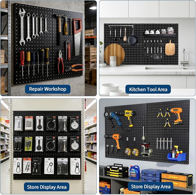 GarveeHome Heavy Duty Wall Mounted Metal Pegboard Panels – 2 PCS 24"x12" Black Steel Tool Storage Organizer for Garage, Workshop, Workbench, Craft Room – Versatile, Durable Layout – Easy Install – 2