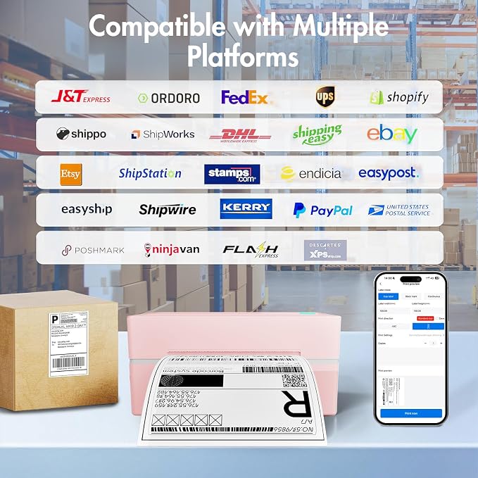 Bluetooth Thermal Shipping Label Printer: 4x6 Wireless Label Maker with Tape for Small Business - Compatible with iPhone, Android, Windows & Mac, Widely Used for USPS UPS Amazon Shopify, Pink