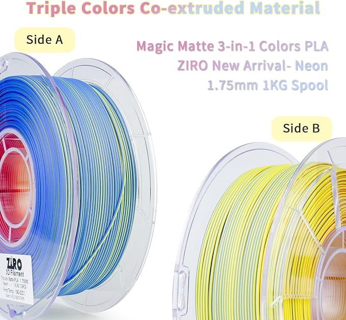 ZIRO Matte Tricolors PLA Filament Bundle, 4 Packs Magic Color Change by Angle Filament 1.75mm, Dimensional Accuracy +/-0.03mm, Fit Most FDM 3D Printer, 1KG x 4 Spool (no-Shine Surface)