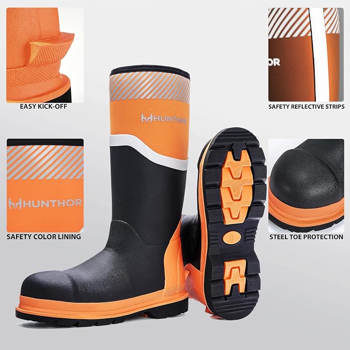 Steel Toe Rubber Boots for Men, Safety Reflective Strips, Punctrue-Proof with Steel Shank, Waterproof, Insulated 6mm Neoprene Work Boots for Farming, Manufacturing, Construction (Black/Orange, Size 6-14)
