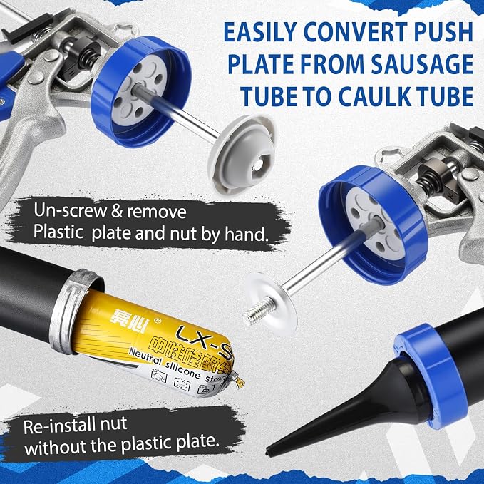 Lasnten Sausage Caulk Gun Kit 600ml/20oz Heavy Duty Silicone Sausage Gun Thrust Ratio 25: 1no-drip Rotating Aluminum Tube Body and Caulking Tools, Sealant Grout Scraper for Kitchen Bathroom Sink Joint
