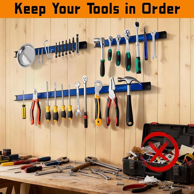 18" Magnetic Tool Holder Strip, 4 Pieces Blue Metal Tool Organizer Rack with Stainless Steel Surface, Magnet Bar for Garage Workshop, Easy To Install with Mounting Screws