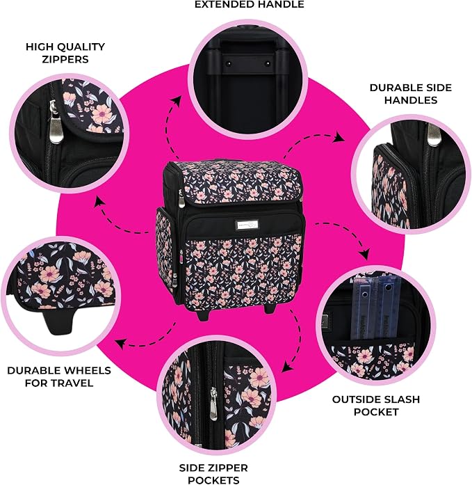 Everything Mary Rolling Scrapbook Tote – Black & Floral Trim Foldable Craft Organizer Tote for Scrapbooking Supplies, Art Tools, Paper & Accessories – Portable Storage Bag