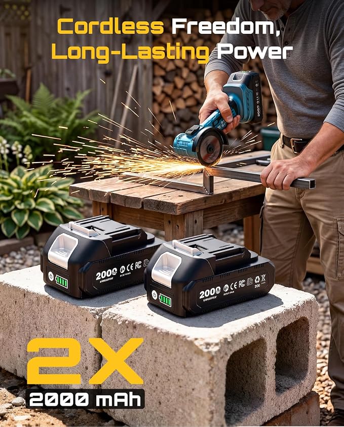SEESII Cordless Mini Angle Grinder: 3-Inch Brushless Angle Grinder 19000 RPM with 2pcs 21V 2.0Ah Batteries, 7pcs Cutting Discs, 210W Power Electric Grinder Tool for Metal Wood Polishing Rust Removal