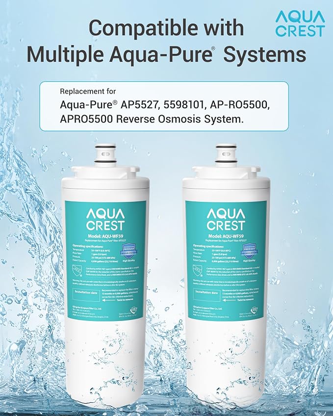 AQUA CREST AP5527 Reverse Osmosis Pre and Post Water Filter Cartridge, Replacement for Aqua-Pure® AP5527, 5598101, AP-RO5500, APRO5500 Reverse Osmosis System, NSF 42 Certified, 2 Pack, Model No.WF59