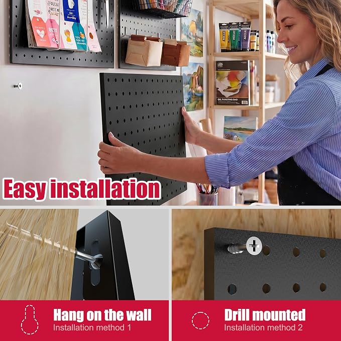 Spampur Peg Board, 4 Pack Metal Pegboard Wall Organizer with Accessories | Black Pegboard Panels with 50 Pcs Hooks and Baskets, Wall Organizer for Office, Craft Room Organization, Garage, Sewing Room