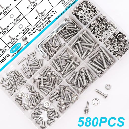500PCS M3 M4 M5 Metric Screw Assortment Kit, 8-20mm Button Head Socket Cap Screws Bolts Nuts Washers Assortment Kit, 304 Stainless Steel Metric Bolts with 3 Hex Wrench
