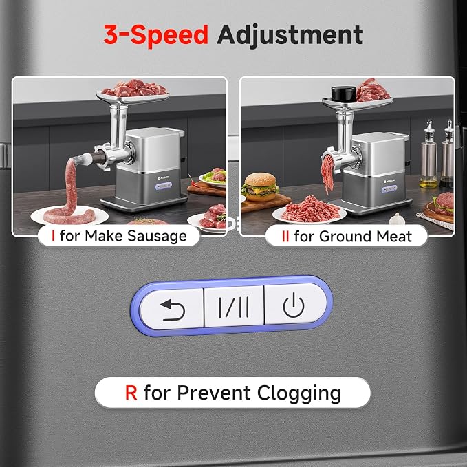 AAOBOSI Meat Grinder Electric 3000W Max with 60dB Quiet DC Motor, Auto-Reverse & Storable Food Pusher - 3 Speed Settings,Grinding, Sausage & Kibbe Making for Home Use