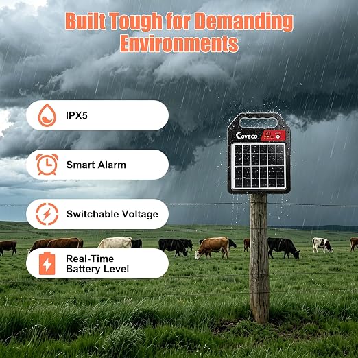 3-in-1Solar Electric Fence Charger 20 Miles, Adjustable 8KV-10KV Livestock Fence Energizer with 110dB Alarm,Short/Open Circuit Protection,LED Battery Level,14-Day Backup for Cattle Horse Goat Farm