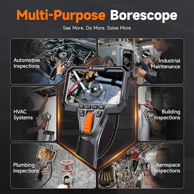 FOXWELL Dual Lens Two-Way Articulating Borescope, 1080P Endoscope Camera with Light, IPS HD Screen, IP67 Waterproof, 5.3FT Flexible Semi-Rigid Snake Scope for Automotive Engine Pipe Home Inspection