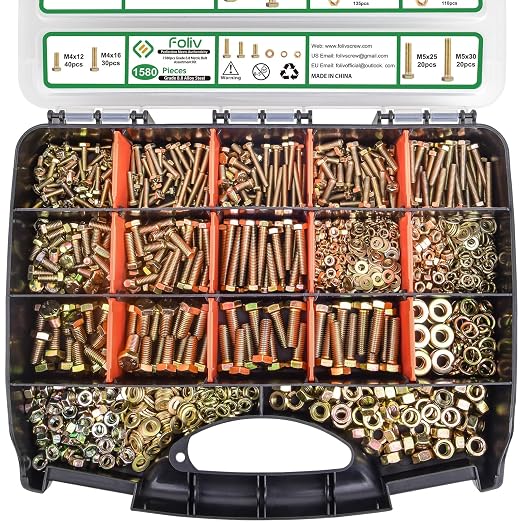 Foliv 1580pcs Metric Bolt Assortment, M4 M5 M6 M8 Nuts and Bolts Assortment Kit, Grade 8.8 Alloy Steel with Yellow Zinc Plated, Length from 12-30mm