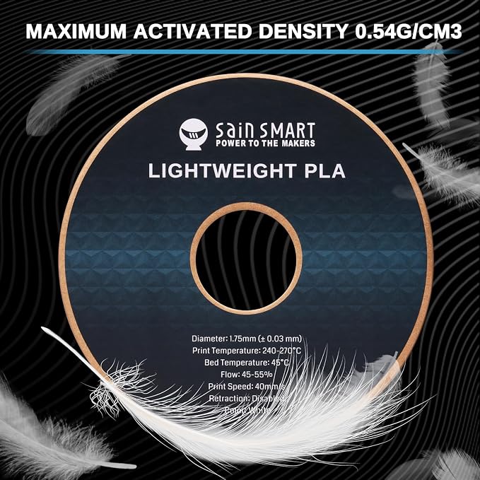 SainSmart Light Weight Filament 1.75mm, 1KG, LW-PLA Low-Density Active Foaming 3D Printer Filament for RC Planes Drone Parts and Cosplay, White PLA Filament