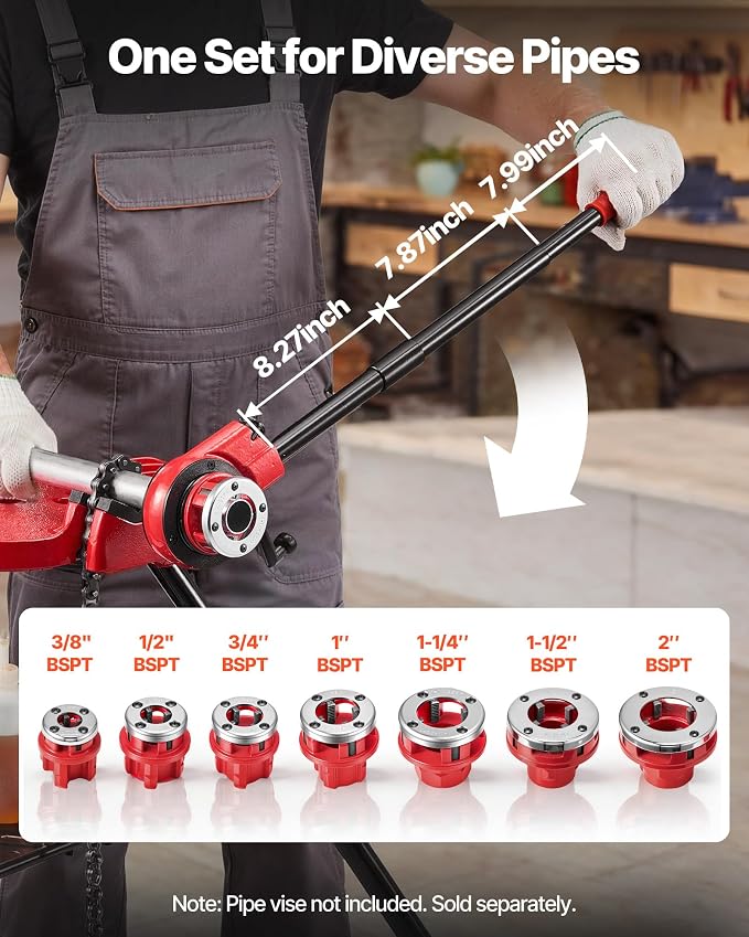 VEVOR Ratchet Pipe Threader Kit with 7 Dies, 3/8" BSPT to 2" BSPT Manual Ratcheting Pipe Threading Tool, Portable Pipes Threader Set with Toolbox for Plumbing Installation & Repair