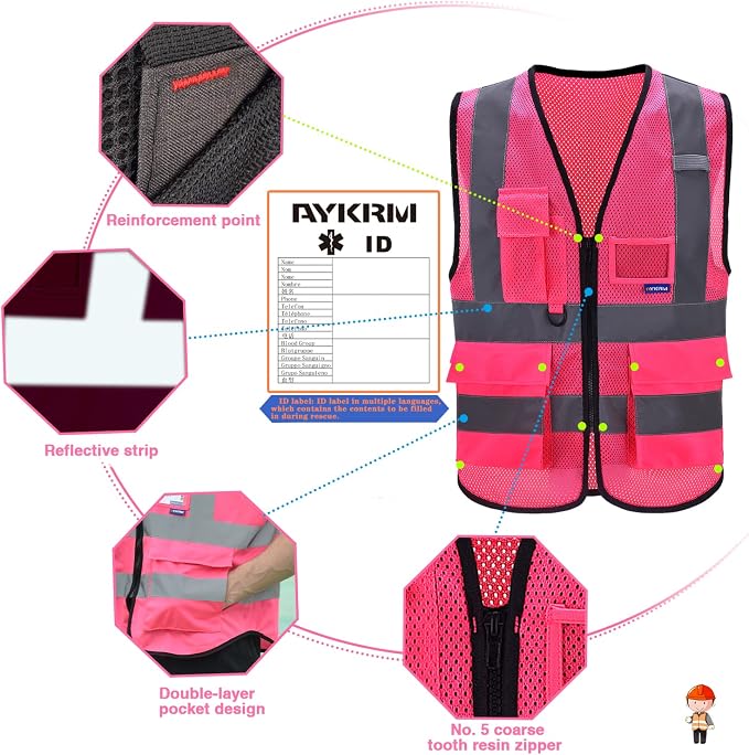 A-SAFETY Reflective Mesh Safety Vest, Multi-Color, Front Zipper, Pink, 2XL | Pink 2XL mesh safety vest with 7 pockets, transparent ID pocket and radio mic loop for volunteer events; unisex workwear.