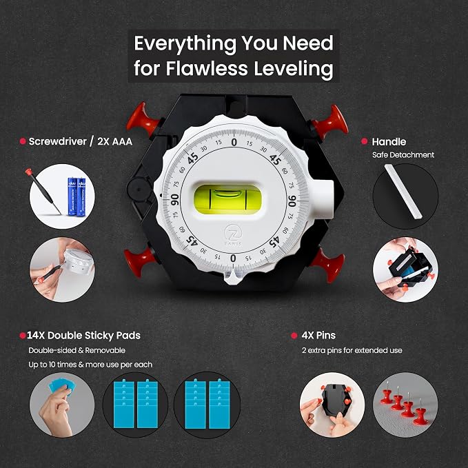 ZANIS Multi Surface Laser Level – 360° Dual Dials with Bubble Level – Wall-Mountable with Pins, Screws, or Sticky Pads – Precision Tool for Hanging Pictures, Shelves, and DIY Projects