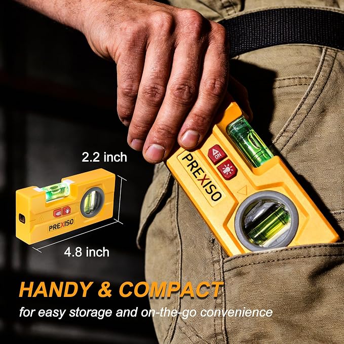 PREXISO 2-in-1 Line Laser Level - Mini Torpedo Level with Light, 3-3/4 inch 90°/180° Magnetic Pocket Level & 30Ft Laser Line Leveler Tool for Hanging Picture, Wall Marking Painting, Home Renovation