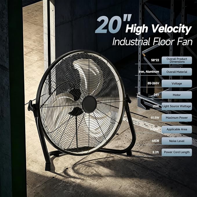 AHAWILL 20" High Velocity Metal Floor Fan with Light,6-Speed Plug-in Fan with Remote & APP,Industrial Fan with Rear Buttons,360° Tilt & 3CCT,Wall Mountable,Anti-Vibration for Garage,Warehouse,Shop,Gym
