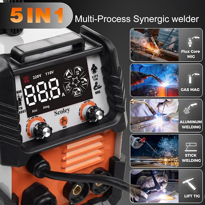 5-in-1 MIG Welder 110V/220V, 180A Aluminum Welder/Gas MIG/Flux Core Welder/Lift TIG/Stick Welding Machine with IGBT Inverter Synergic Control, Large Digital Display, Welding Gloves & Mask
