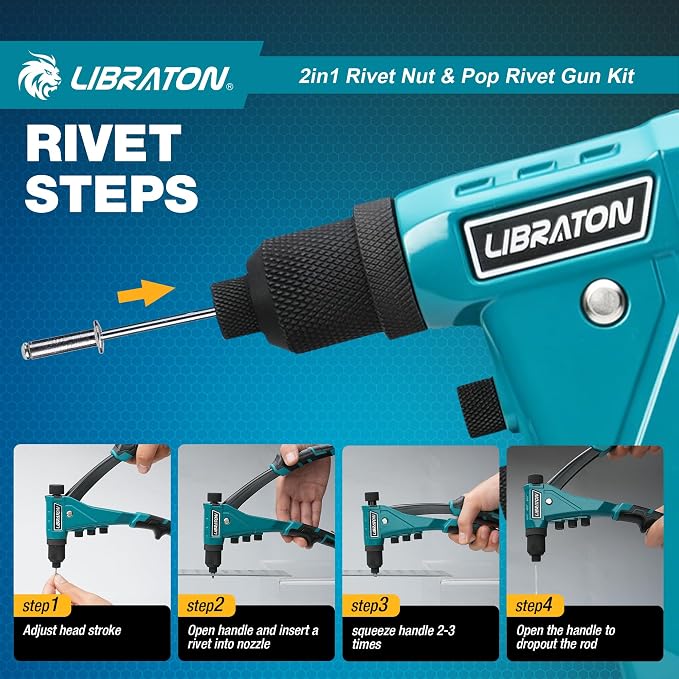 LIBRATON 2in1 Rivet Nut and Pop Rivet Gun Kit, with 8 Mandrels (Metric & SAE), 4 Nose Pieces (2.4-4.8mm), 80 Nuts and 200 Rivets, Adjustable Riveting Tool for DIY & Repair with Carrying Case