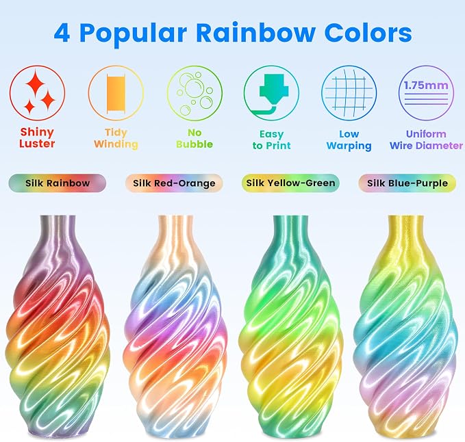 MIKA3D 8 Spools Different Popular Colors 3D Printing Filament PLA Bundle, 1.75mm 4 Different Silk Rainbow PLA, 4 Different Glow in Dark PLA, Total 8 Spools Packed, 0.25kg/Spool, Total 2kg