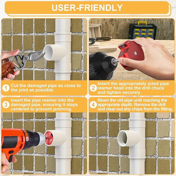 PVC Pipe Reamer, PVC Fitting Saver, 9Pcs Pipe Reamer for SCH40, Includes 1/2 inch, 3/4 inch, 1 inch, 1-1/4inch, 1-1/2inch, 2inch, 2-1/2inch, 3inch, 4inch Head Aluminum with 1 Blades