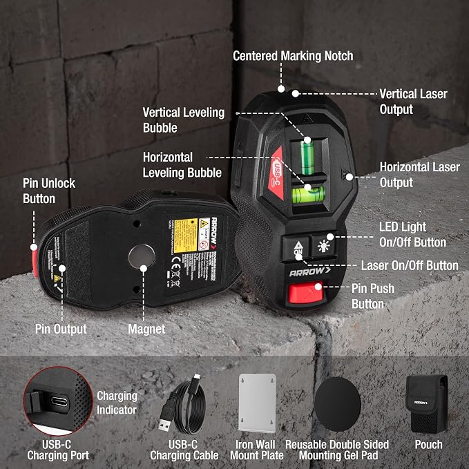 ARROW 2-in-1 Laser Level with Magnetic Stud Finder, Rechargeable Wall Scanner for Wood & Metal, Cross Line Laser with Bubble Vials for Accurate Markings, Ideal for Hanging Frames & Pictures