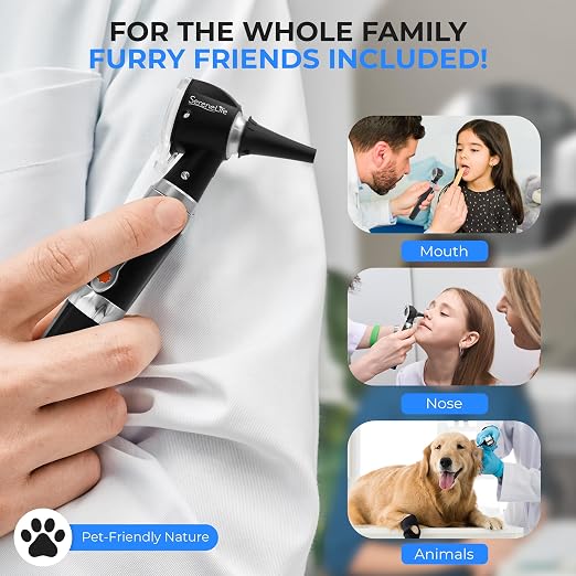 SereneLife 2-in-1 Ophthalmoscope & Otoscope Set | Perfect for Inspecting Ears, Mouth & Nose | Multi-Aperture Diaphragm Wheel & Battery Powered | Includes 4 Reusable Washable Tips | for Family & Pets