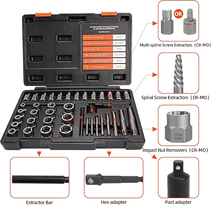 40 Pcs Screw Extractor Set, 2-in-1 Hex Head Multi-Spline Lug Nut Remover, 3/8 Inch Drive Easy Out Bolt Extractor Set for Removing Stripped, Rounded, Damaged, Broken Studs Bolts Screws