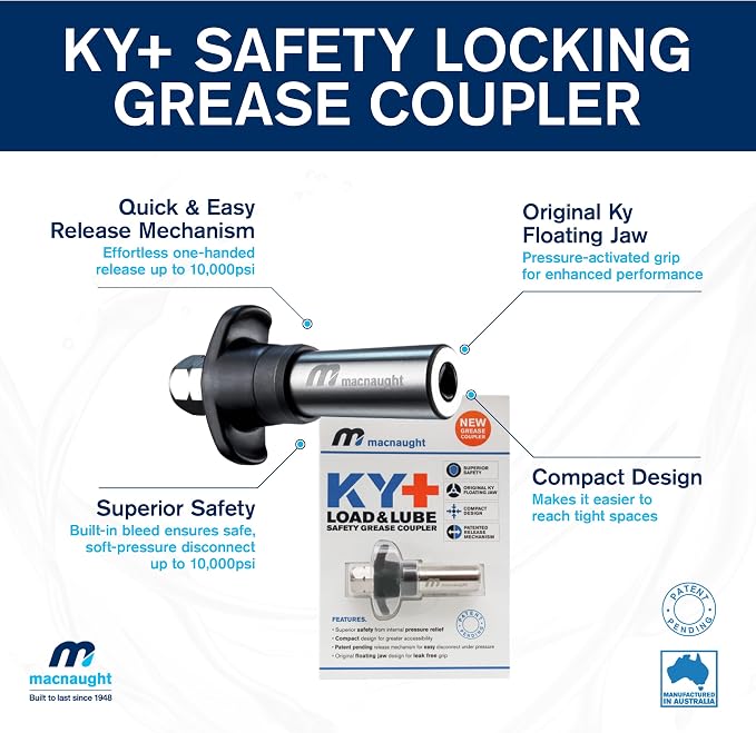 Macnaught Heavy-Duty Pistol Grip Grease Gun with 10 Year Performance Warranty. Includes Our Patented KYPLUS® Locking Grease Coupler (Locks on Tight, Won't Leak!)