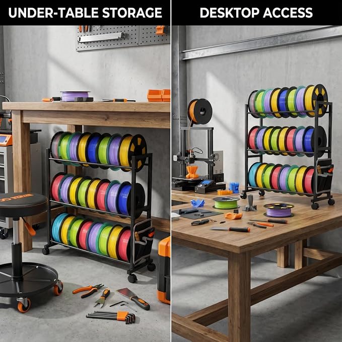 3D Printer Filament Storage Rack with Wheels,3 Tier Holds 24 Spools | Heavy Duty Carbon Steel Filament Rack, with Side Tool Bag, Spool Holder for 3D Printing Home Studio