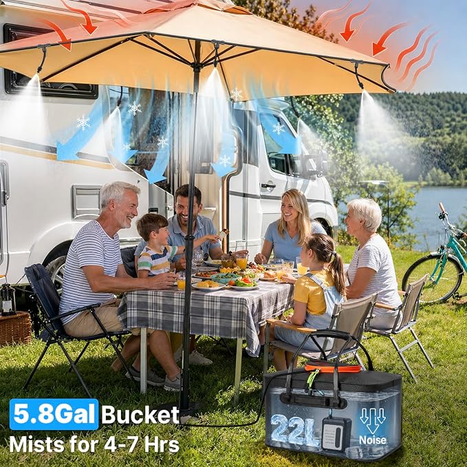 Bluepro 50FT Portable Misting System for Cooling, Misters for Outside Patio with 5.8Gal/22L Foldable Tank, 5200mAh Pump (IPX8) & 8 Adjustable Brass Nozzles for Umbrella, Camping, Golf Cart, Sport