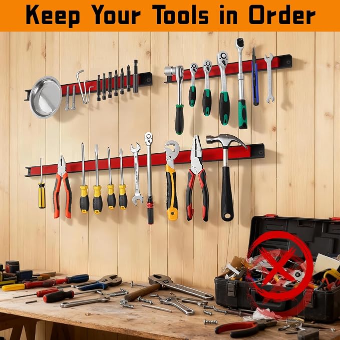 18" Magnetic Tool Holder Strip, 6 Pieces Red Metal Tool Organizer Rack with Stainless Steel Surface, Magnet Bar for Garage Workshop, Easy To Install with Mounting Screws