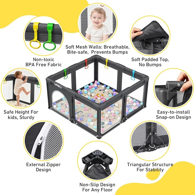 Baby Playpen with Mat, Foldable Playpen for Babies and Toddlers Large Playpens Play Yard Indoor Outdoor Activity Center Game Fence Safety Area Travel Play Pen for Babies 6-12 Months 50"X50" Dark Grey