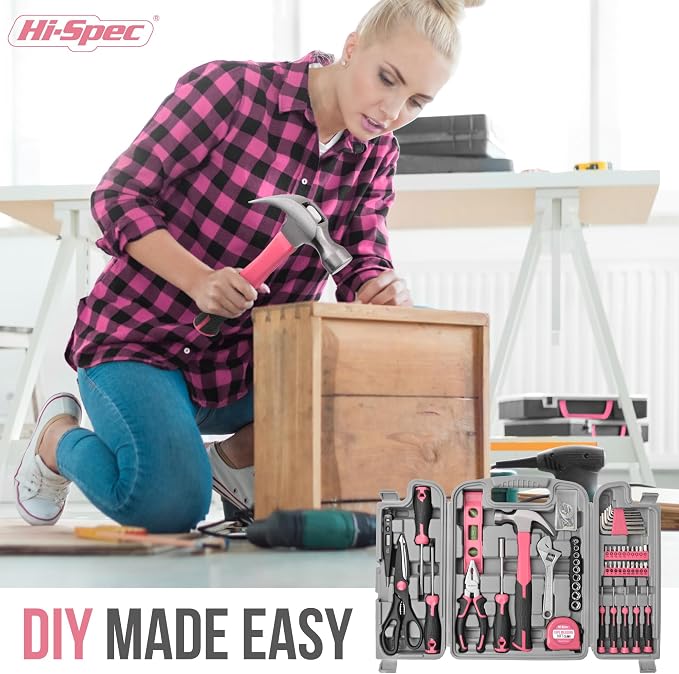 Hi-Spec 54pc Pink Home DIY Repair Tool Kit Set. Women Ladies Beginner Complete Hand Tools in a Portable Toolbox Case for the Household and Office